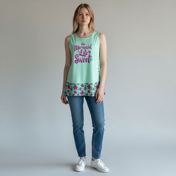 Disney Tops - Disney The mermaid life is Sweet Graphic Tank Top Solid Blue & Purple floral M